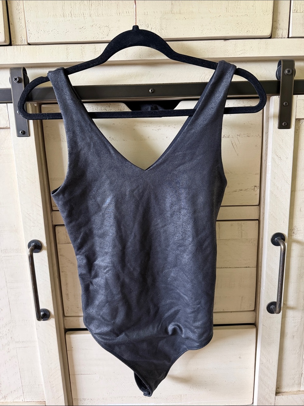 A & F Black V-Neck Faux Leather Bodysuit